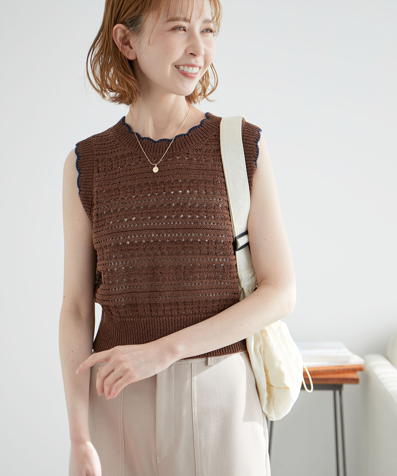 Rope&rsquo;Picnic「セットアップ対応/透かし編みテープヤーンクロップドニットプルオーバー」|ニット・セーター|