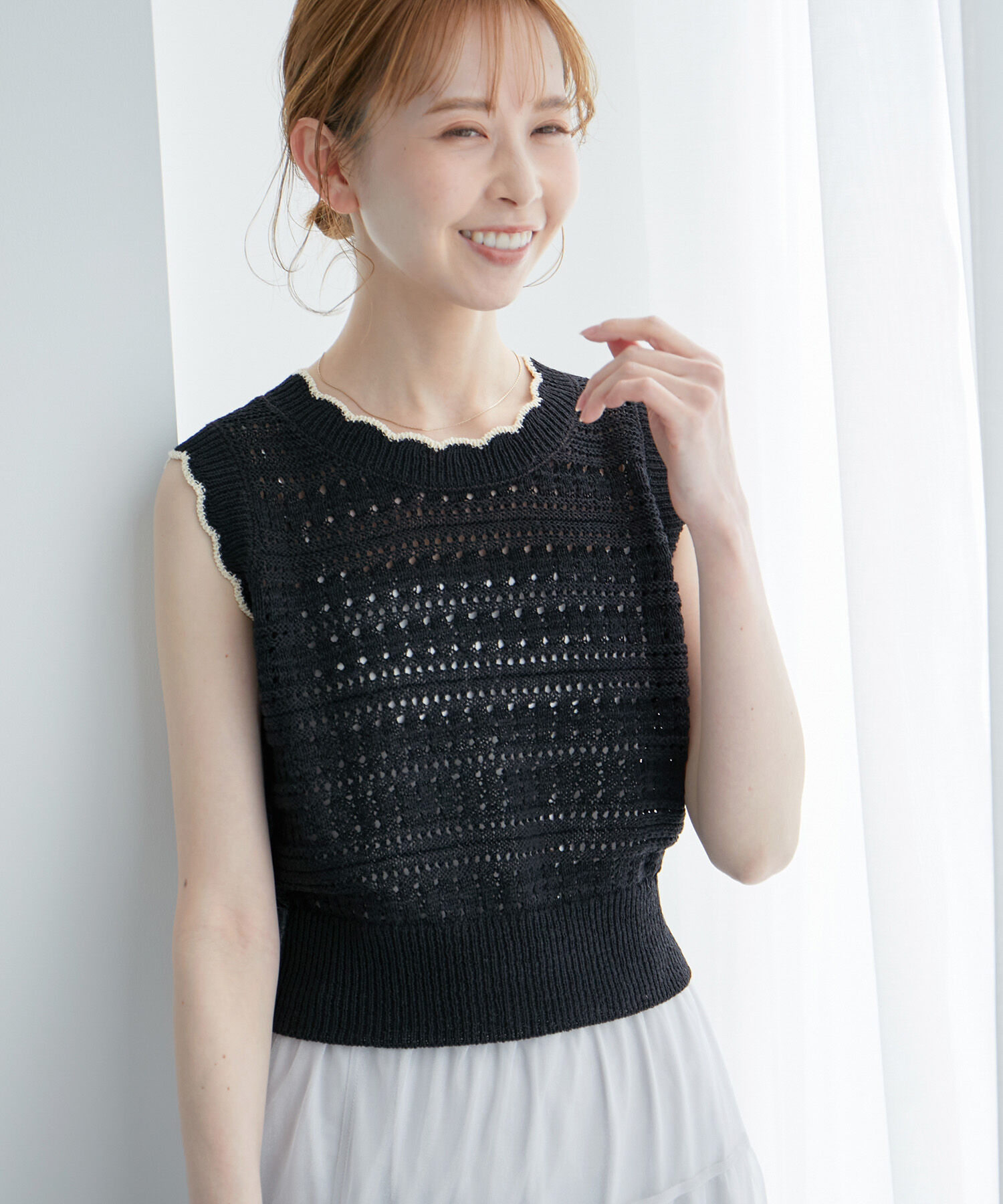 Rope&rsquo;Picnic「セットアップ対応/透かし編みテープヤーンクロップドニットプルオーバー」|ニット・セーター|