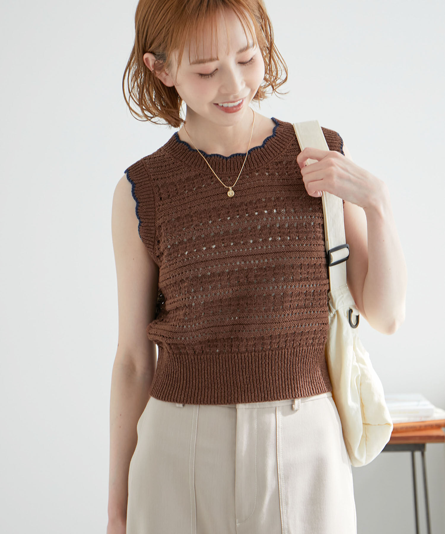 Rope&rsquo;Picnic「セットアップ対応/透かし編みテープヤーンクロップドニットプルオーバー」|ニット・セーター|ブラウン系(23)