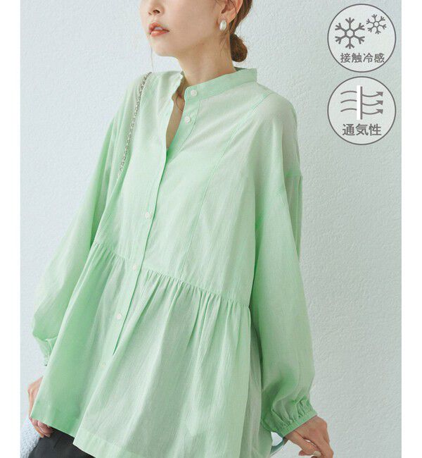 Rope&rsquo;Picnic「【接触冷感・通気性】お着軽シャツシリーズ/綿ボイルペプラムシャツ」|シャツ・ブラウス|ライトグリン(33)