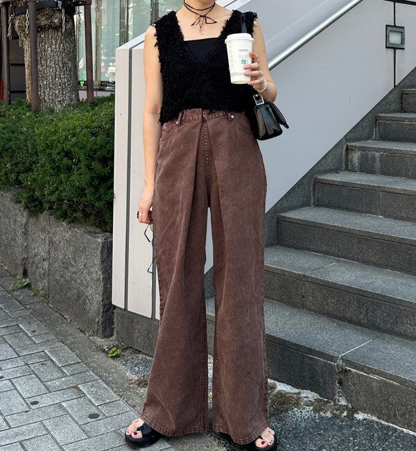  「【3サイズ】デニムタックワイドパンツ」|デニム|