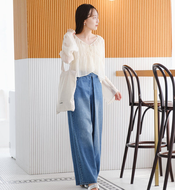  「【3サイズ】デニムタックワイドパンツ」|デニム|
