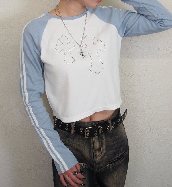  「ラグランクロスラインストーントップス」|Tシャツ・カットソー|