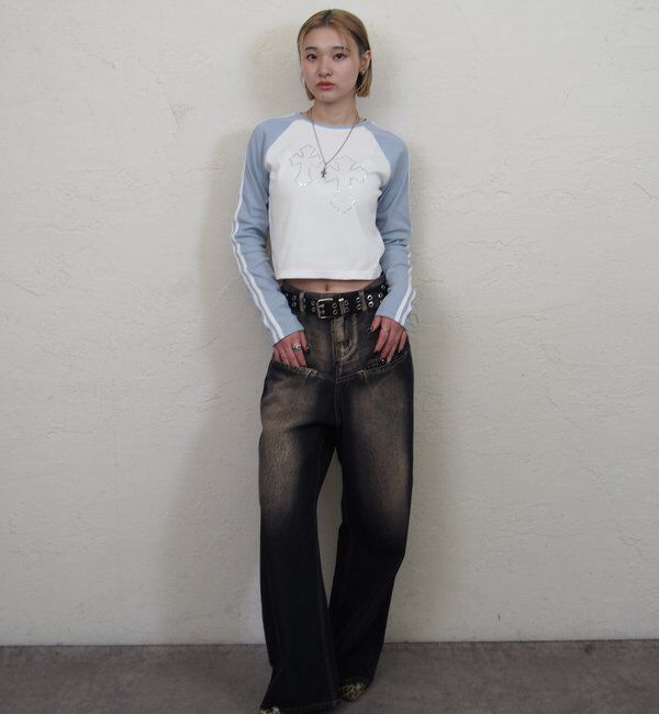  「ラグランクロスラインストーントップス」|Tシャツ・カットソー|