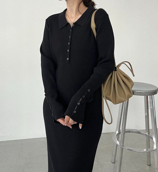  「【低身長サイズあり】襟ニットワンピース」|ワンピース|ブラック