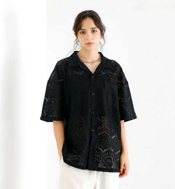 ABAHOUSE「【Revo.レボ】透かし編みニットオープンカラー半端袖シャツ」|シャツ・ブラウス|ブラック