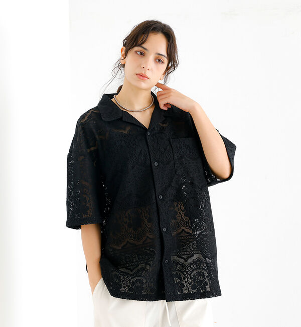 ABAHOUSE「【Revo.レボ】透かし編みニットオープンカラー半端袖シャツ」|シャツ・ブラウス|