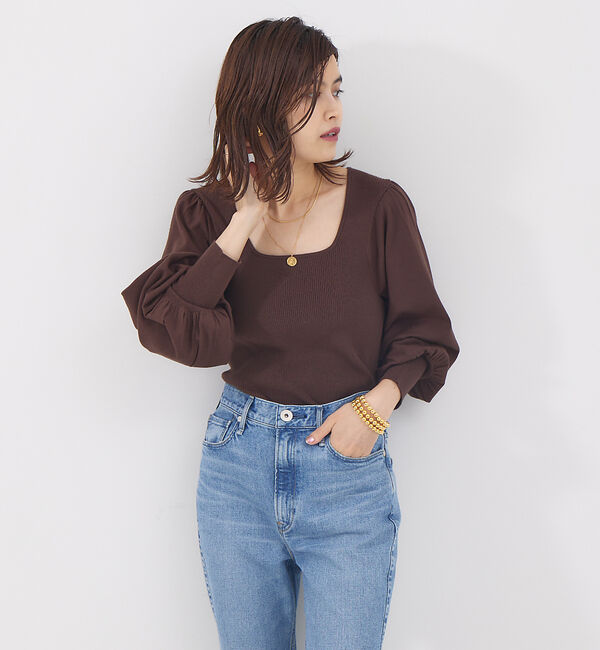Rouge vif「パフスリーブスクエアネックニット」|ニット・セーター|ブラウン