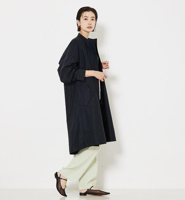 qualite「エアリーライトツイルコート」|ノーカラーコート|ネイビー