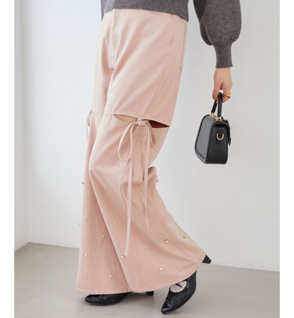 MAJESTICLEGON「サイドスリットビジューデニムパンツ」|デニム|ピンク