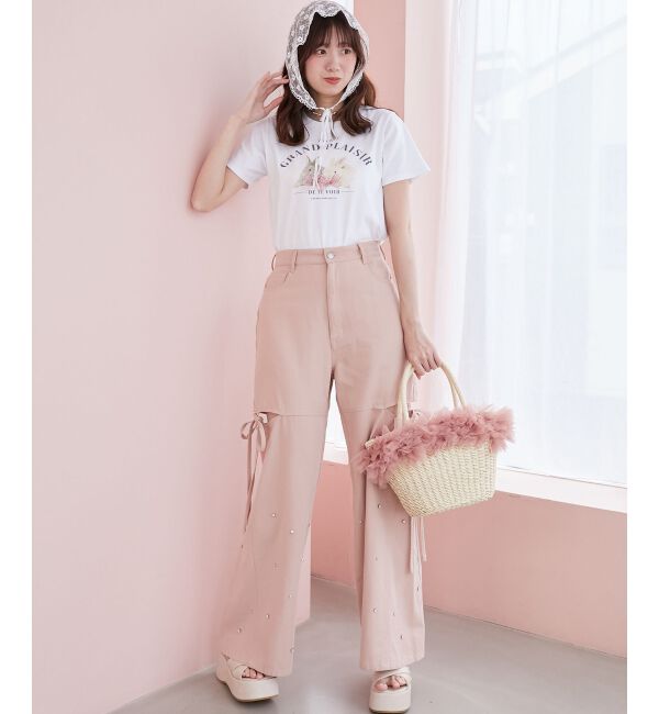 MAJESTICLEGON「サイドスリットビジューデニムパンツ」|デニム|