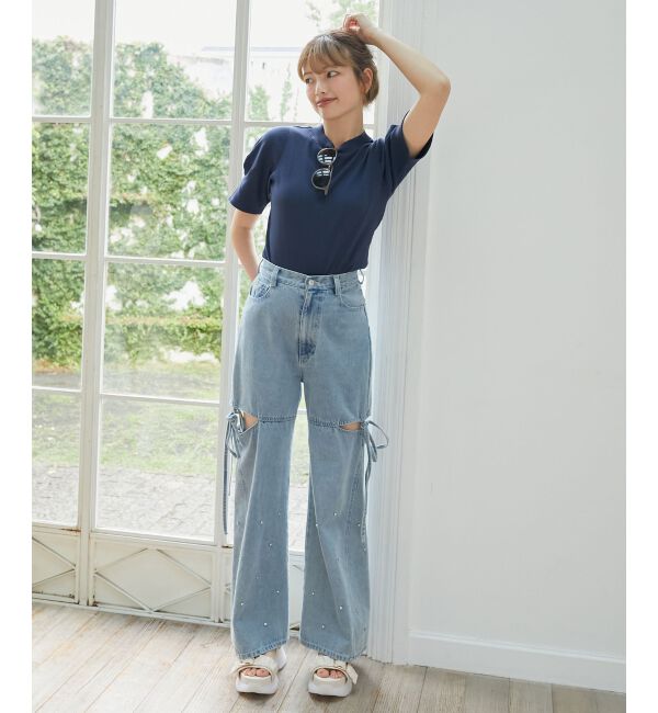 MAJESTICLEGON「サイドスリットビジューデニムパンツ」|デニム|