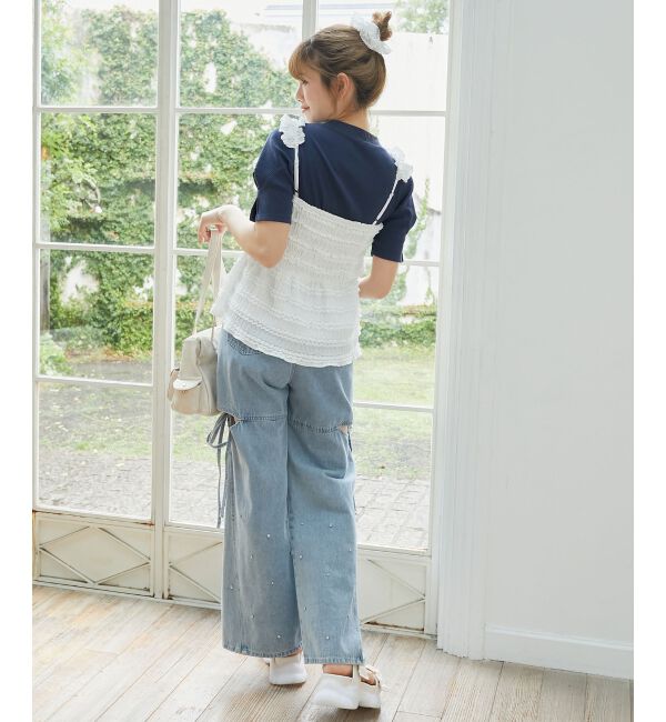 MAJESTICLEGON「サイドスリットビジューデニムパンツ」|デニム|