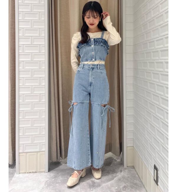 MAJESTICLEGON「サイドスリットビジューデニムパンツ」|デニム|