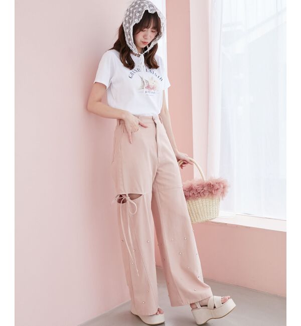 MAJESTICLEGON「サイドスリットビジューデニムパンツ」|デニム|