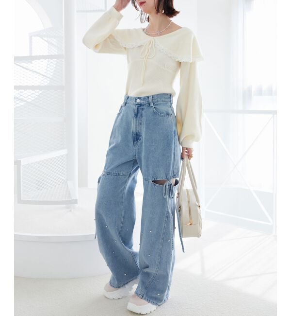 MAJESTICLEGON「サイドスリットビジューデニムパンツ」|デニム|