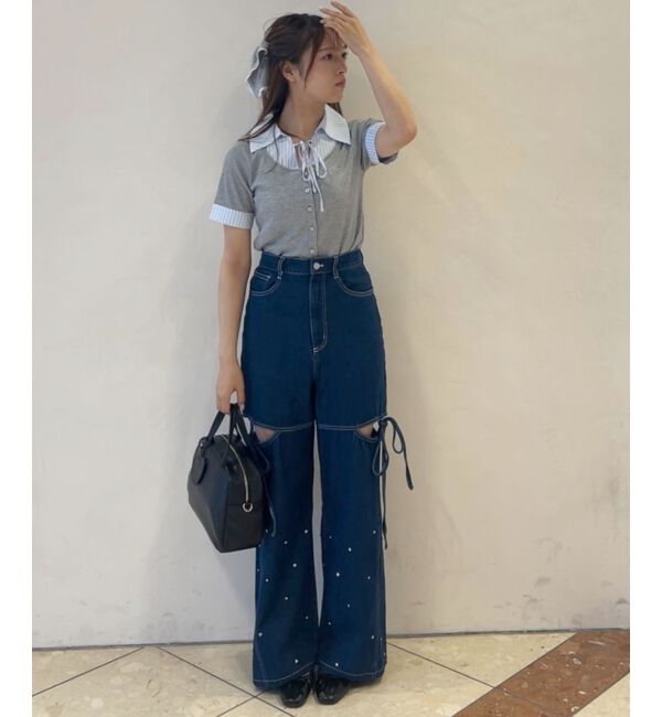 MAJESTICLEGON「サイドスリットビジューデニムパンツ」|デニム|