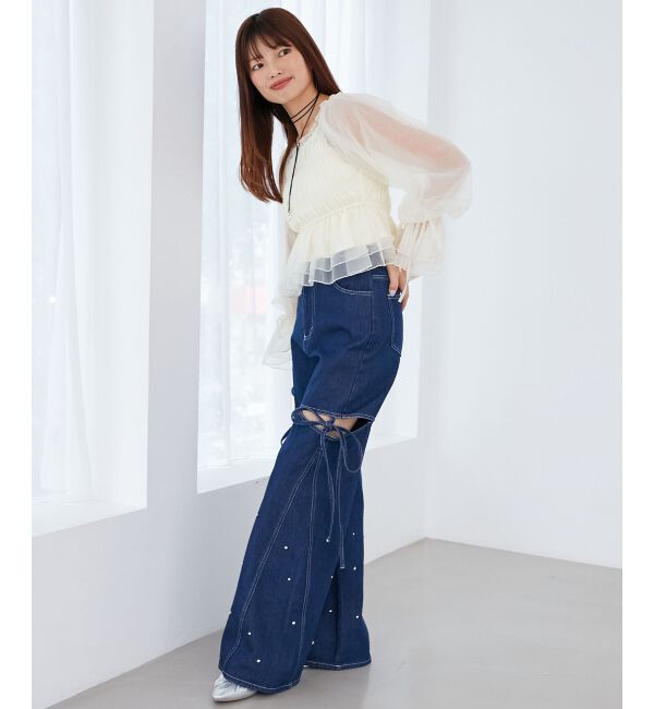 MAJESTICLEGON「サイドスリットビジューデニムパンツ」|デニム|