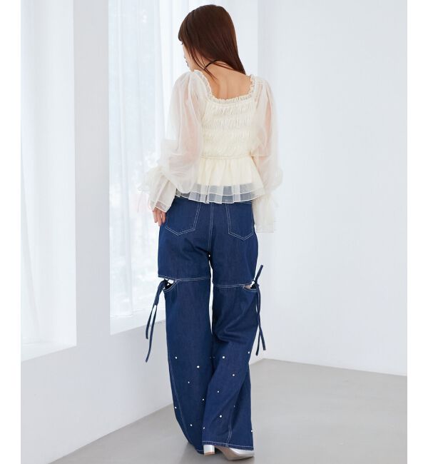 MAJESTICLEGON「サイドスリットビジューデニムパンツ」|デニム|