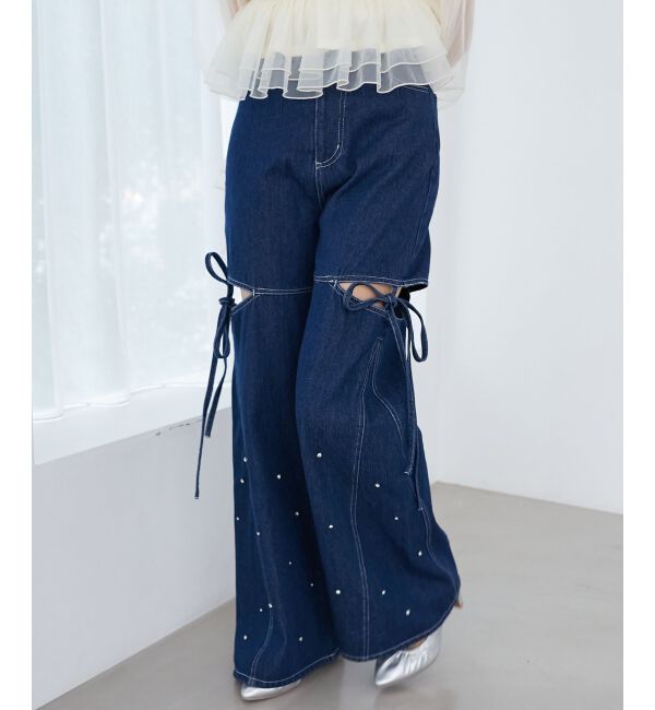 MAJESTICLEGON「サイドスリットビジューデニムパンツ」|デニム|