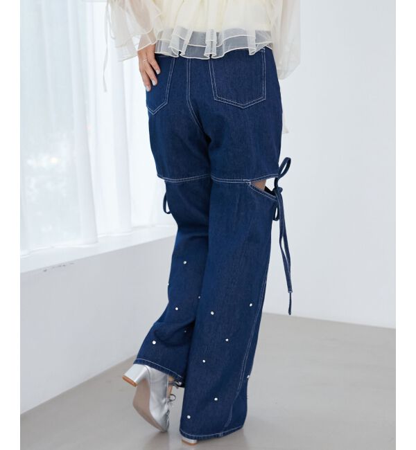 MAJESTICLEGON「サイドスリットビジューデニムパンツ」|デニム|