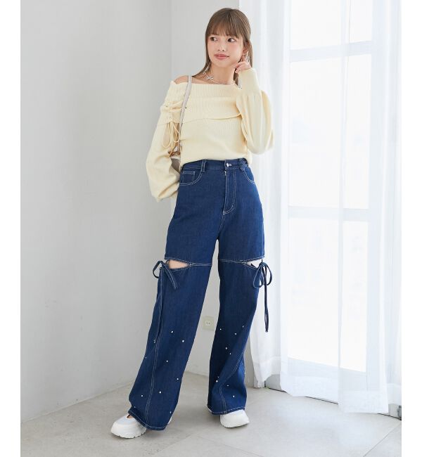 MAJESTICLEGON「サイドスリットビジューデニムパンツ」|デニム|