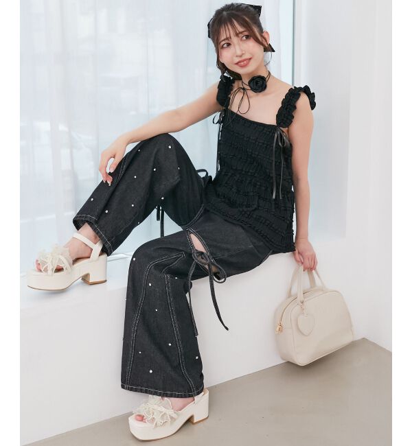 MAJESTICLEGON「サイドスリットビジューデニムパンツ」|デニム|