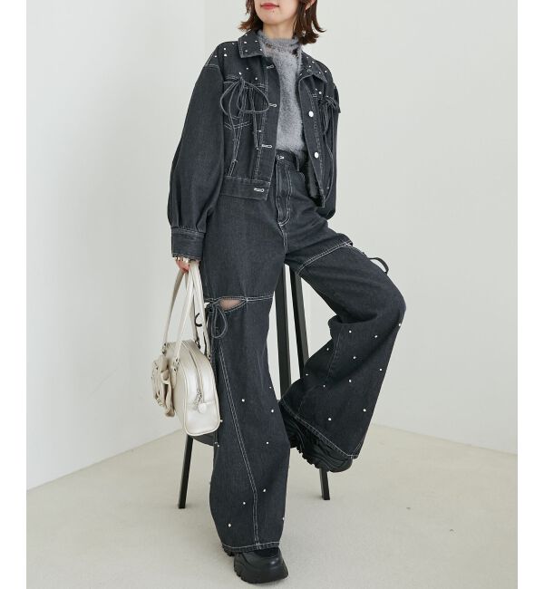 MAJESTICLEGON「サイドスリットビジューデニムパンツ」|デニム|