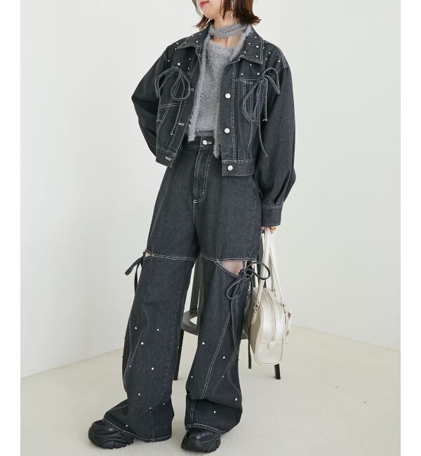 MAJESTICLEGON「サイドスリットビジューデニムパンツ」|デニム|