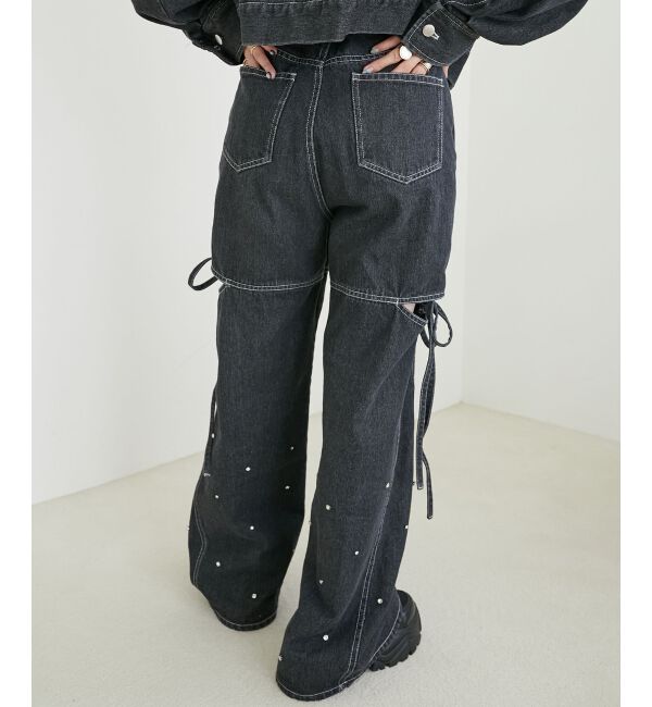 MAJESTICLEGON「サイドスリットビジューデニムパンツ」|デニム|