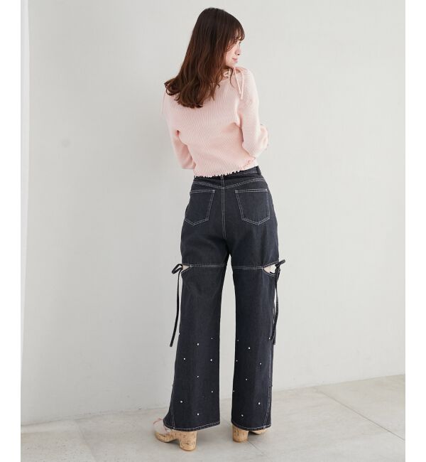 MAJESTICLEGON「サイドスリットビジューデニムパンツ」|デニム|