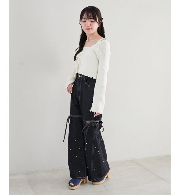 MAJESTICLEGON「サイドスリットビジューデニムパンツ」|デニム|
