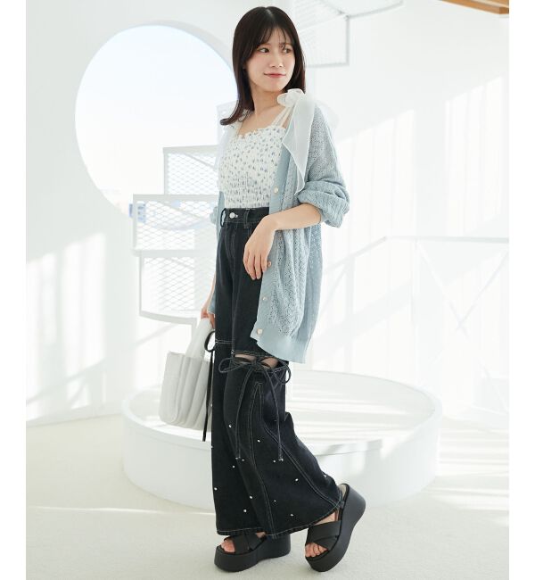 MAJESTICLEGON「サイドスリットビジューデニムパンツ」|デニム|