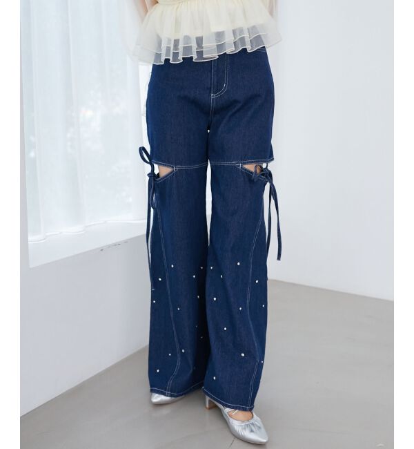 MAJESTICLEGON「サイドスリットビジューデニムパンツ」|デニム|ネイビー