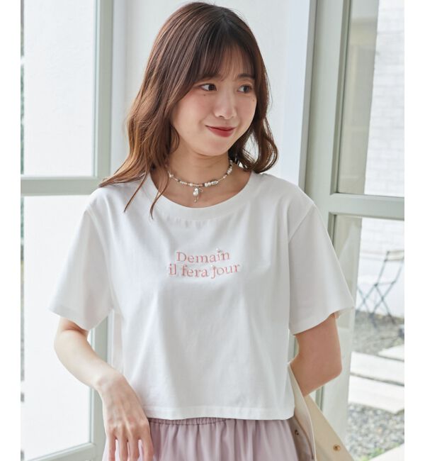  「パール付きクロップドロゴTシャツ」|Tシャツ・カットソー|
