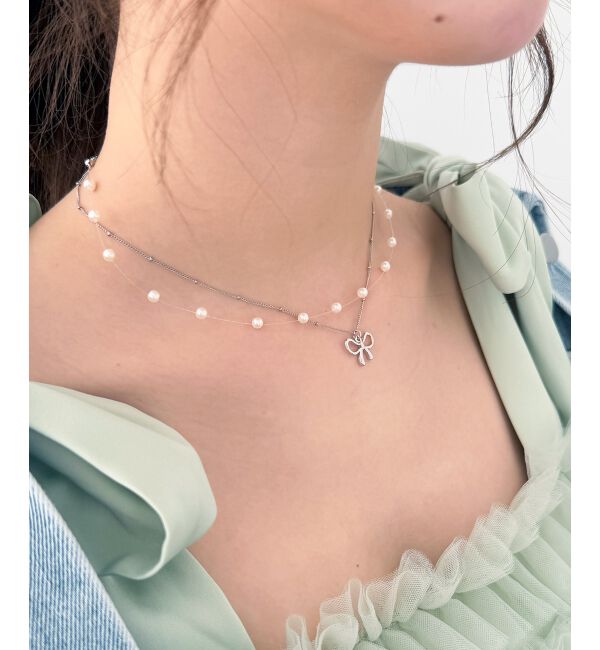  「パール&times;リボンモチーフ2連ネックレス」|ネックレス|