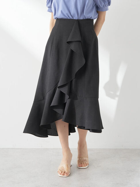 earth music&ecology「アシメペプラムフレアバックレースミディ丈スカート」|フレア|Black