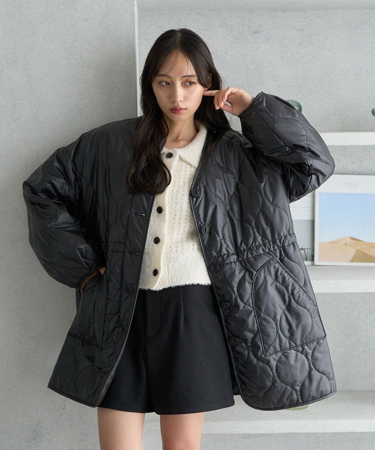 earth music&ecology「キルティングハーフコート」|ブルゾン・スタジャン|Black