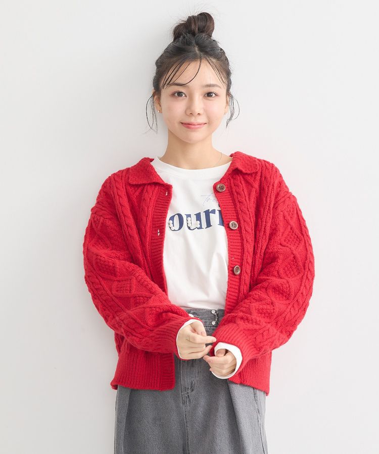 earth music&ecology「衿付きケーブルニットカーディガン」|カーディガン|