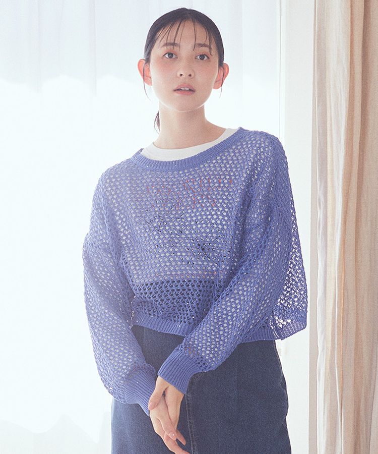 earth music&ecology「スパンコールメッシュニットプルオーバー」|ニット・セーター|Light Blue