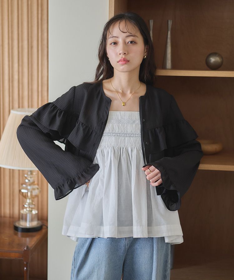 earth music&ecology「フリル切替えショートブラウス」|シャツ・ブラウス|