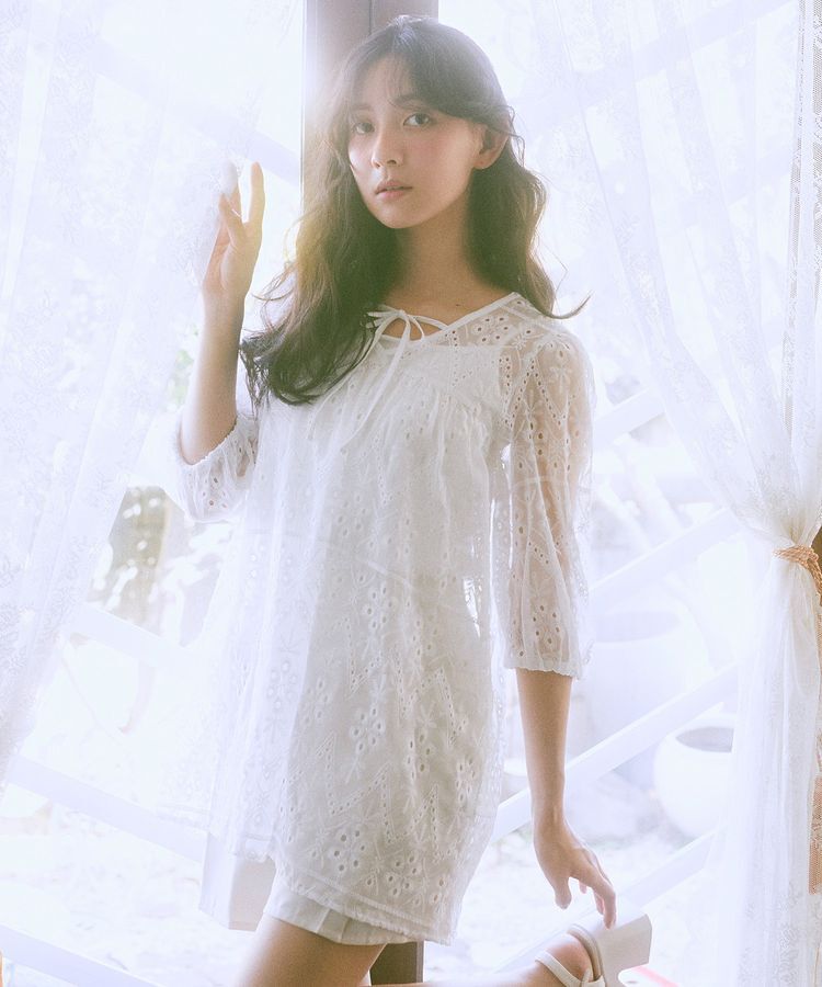 earth music&ecology「パフスリーブ楊柳刺繍チュニック」|チュニック|