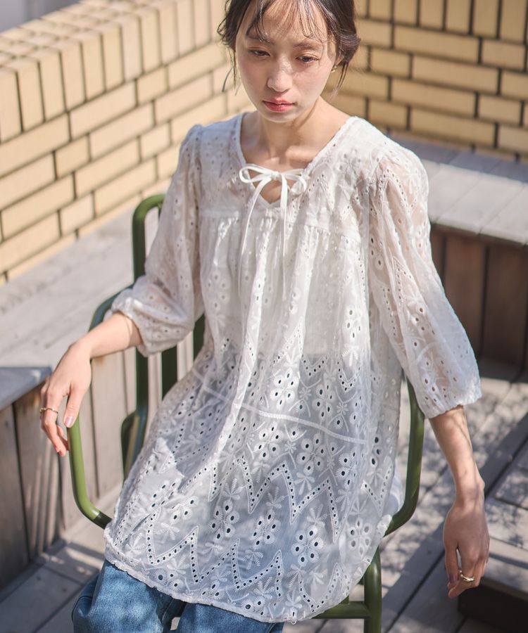 earth music&ecology「パフスリーブ楊柳刺繍チュニック」|チュニック|