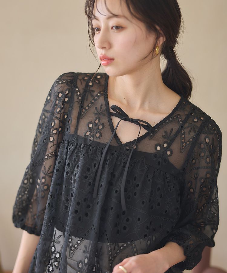 earth music&ecology「パフスリーブ楊柳刺繍チュニック」|チュニック|