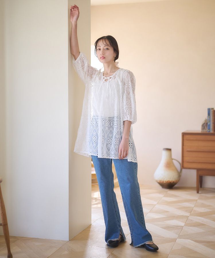 earth music&ecology「パフスリーブ楊柳刺繍チュニック」|チュニック|