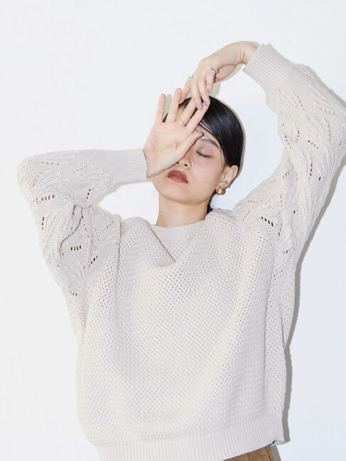  「透かし編みラグランニットプルオーバー」|ニット・セーター|