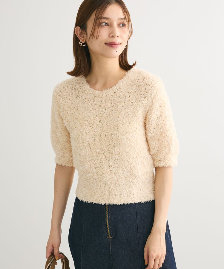 Green Parks「テープヤーン半袖ニットプルオーバー」|ニット・セーター|Light beige