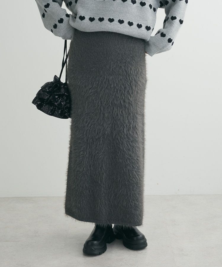Green Parks「・Petit Fleur シャギーニットスカート」|タイト|Charcoal Gray