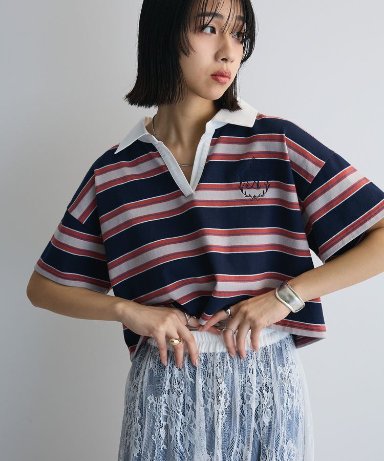 AnriettMusee「エムブレム刺繍ショートボーダーカットソー」|Tシャツ・カットソー|Navy