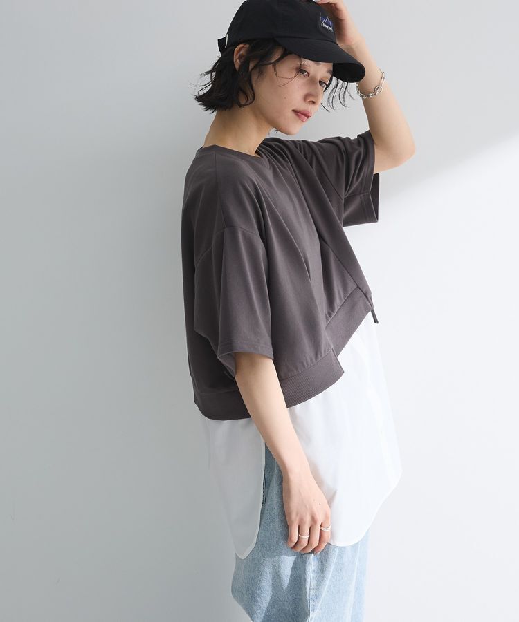 Green Parks「裾タックミニ裏毛シャツドッキングチュニック」|チュニック|Charcoal Gray